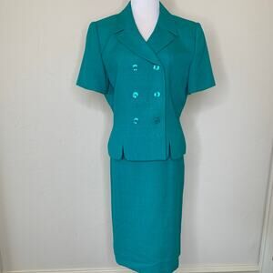 Le Suit Green Skirt Suit Sz Medium Double Breasted Short Sleeve